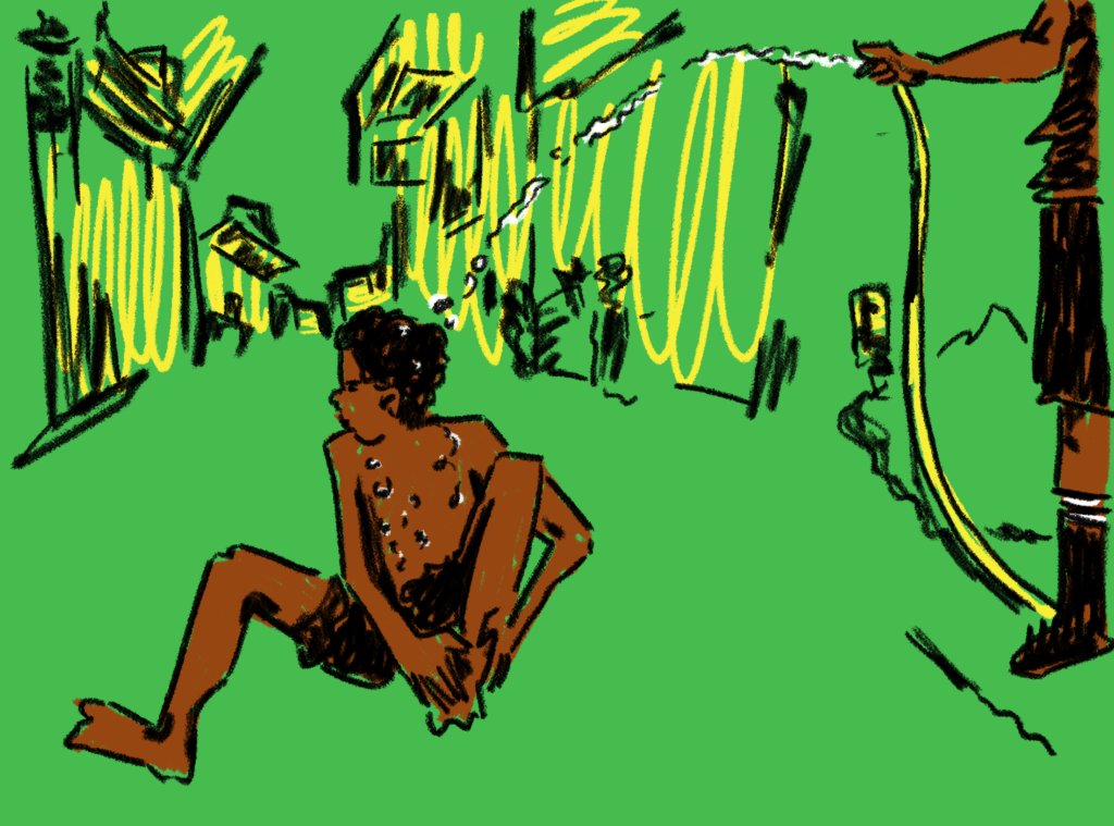 ilustração em tons de verde, amarelo e preto em que uma criança negra está sentada no chão