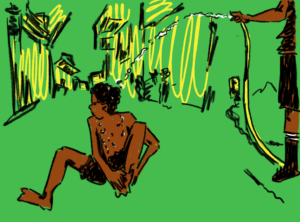 ilustração em tons de verde, amarelo e preto em que uma criança negra está sentada no chão