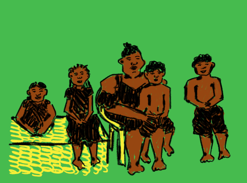 Ilustração em tons de verde, amarelo e preto que mostra uma mulher negra com 4 meninos e 1 menina, todos crianças