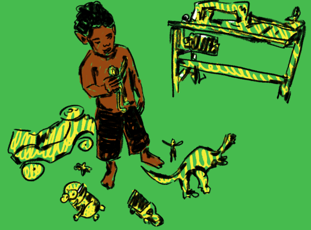 Ilustração em tons de verde, amarelo e preto em que um menino negro brinca com alguns brinquedos e bonecos