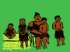 Ilustração em tons de verde, amarelo e preto que mostra uma mulher negra com 4 meninos e 1 menina, todos crianças