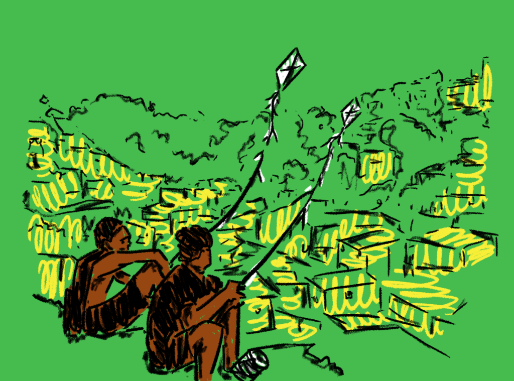 Ilustração em tons de verde, amarelo e preto em que dois meninos negros soltam pipa em frente a uma favela