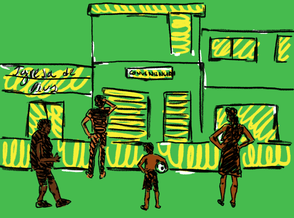Ilustração em tons de verde, amarelo e preto, de crianças negras em frente à uma igreja