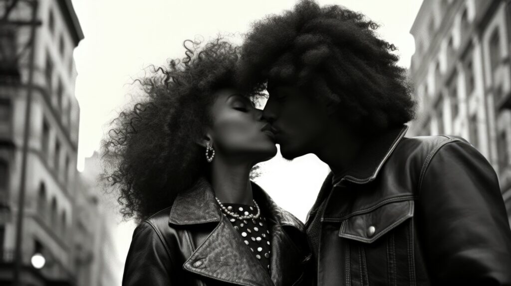 foto em preto e branco com um homem e uma mulher se beijando