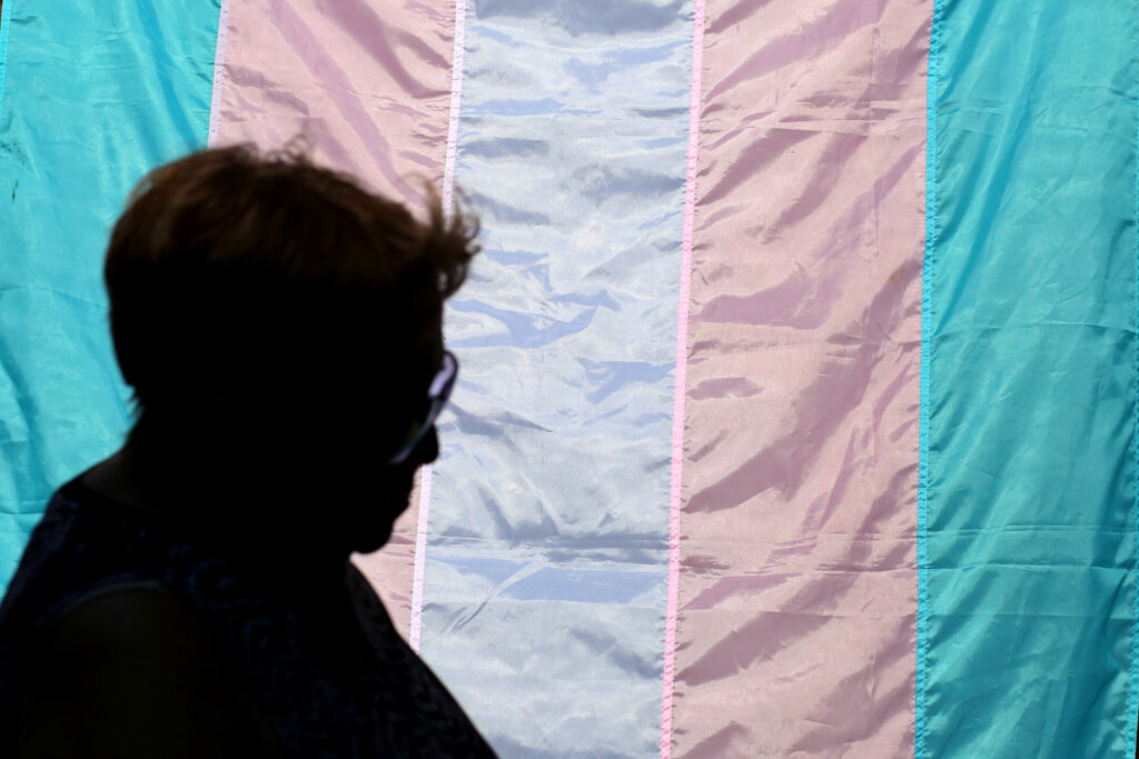 Sombra de uma pessoa de óculos à frente de uma bandeira trans