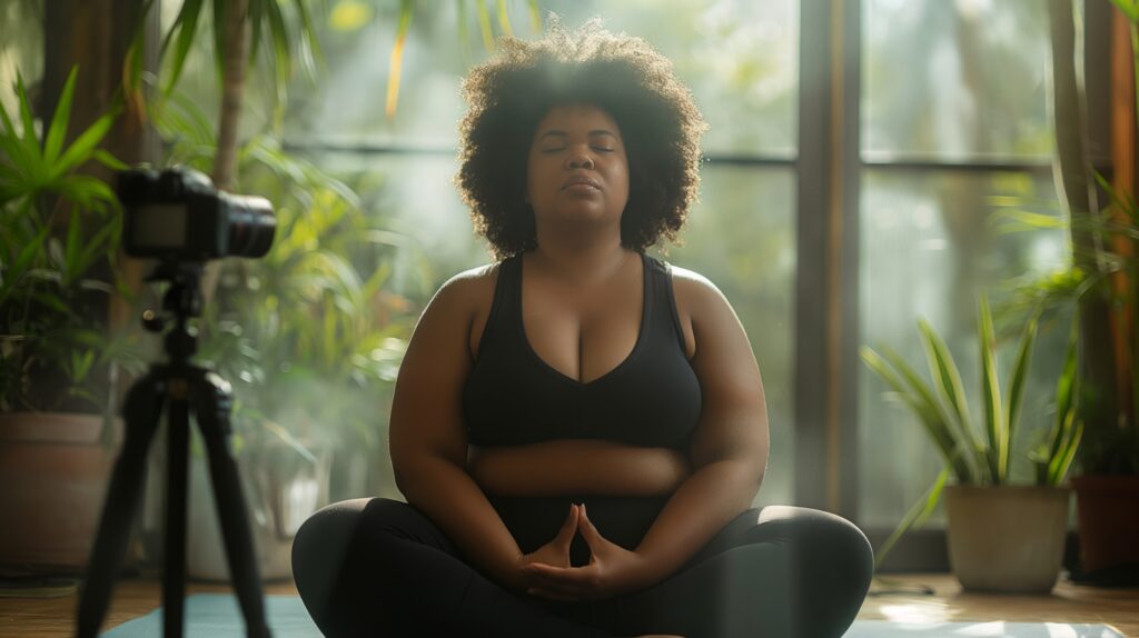 Mulher negra e gorda meditando