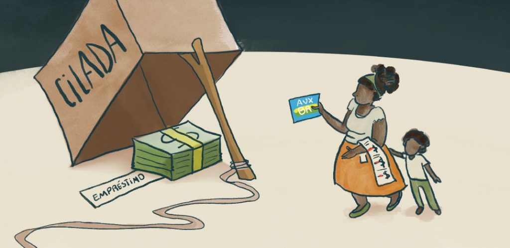 ilustração mostra mulher negra segurando cartão do Auxílio Brasil de mãos dadas com uma criança, na frente delas há cédulas de real protegidas por uma armadilha