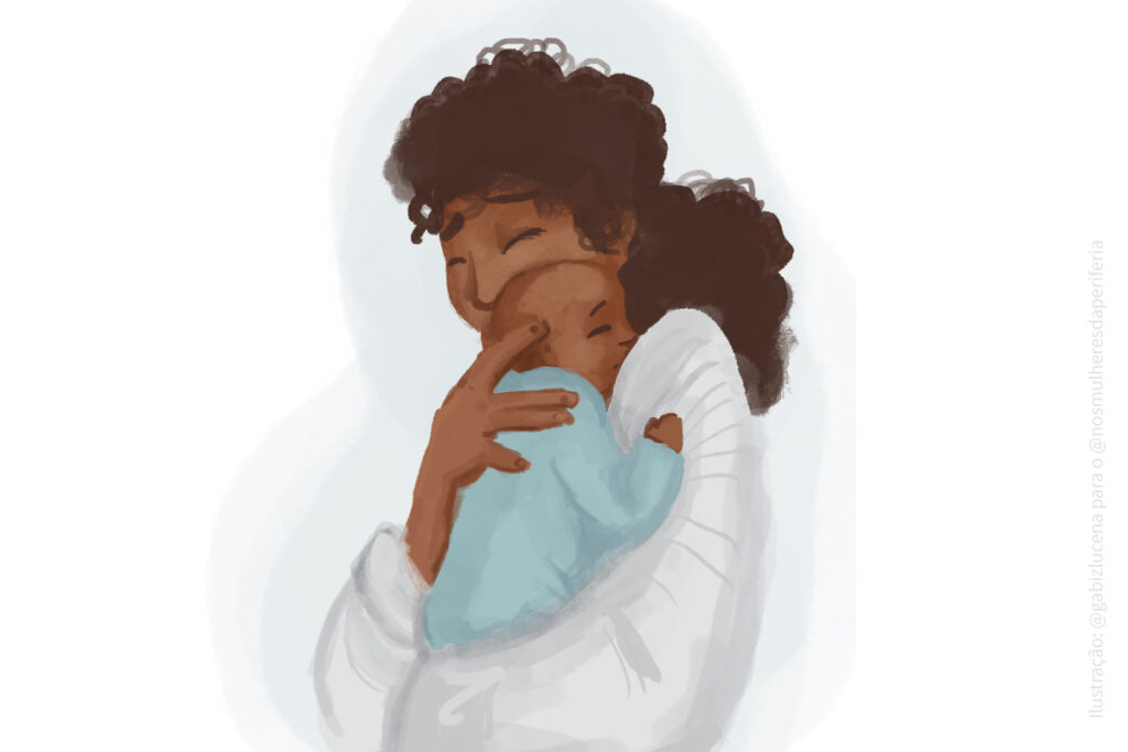 Ilustração mostra mãe abraçando seu bebê