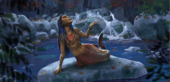 Ilustração mostra Iara, a Mãe d'água do folclore brasileiro, descansando sobre pedra