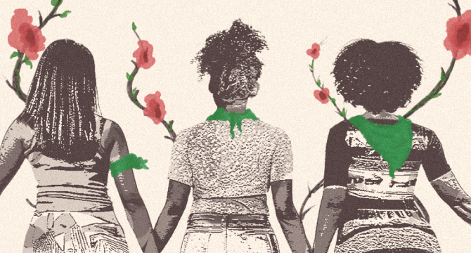 Ilustração mostra três mulheres negras de costas com as mãos dadas