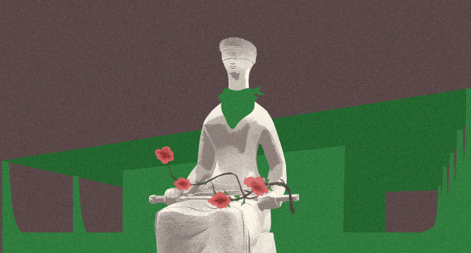 Ilustração mostra estátua do STF sentada com rosas em suas mãos