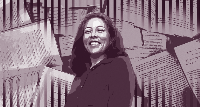Ilustração mostra Márcia sorrindo. Ao fundo, páginas de livros e representações das grades do cárcere